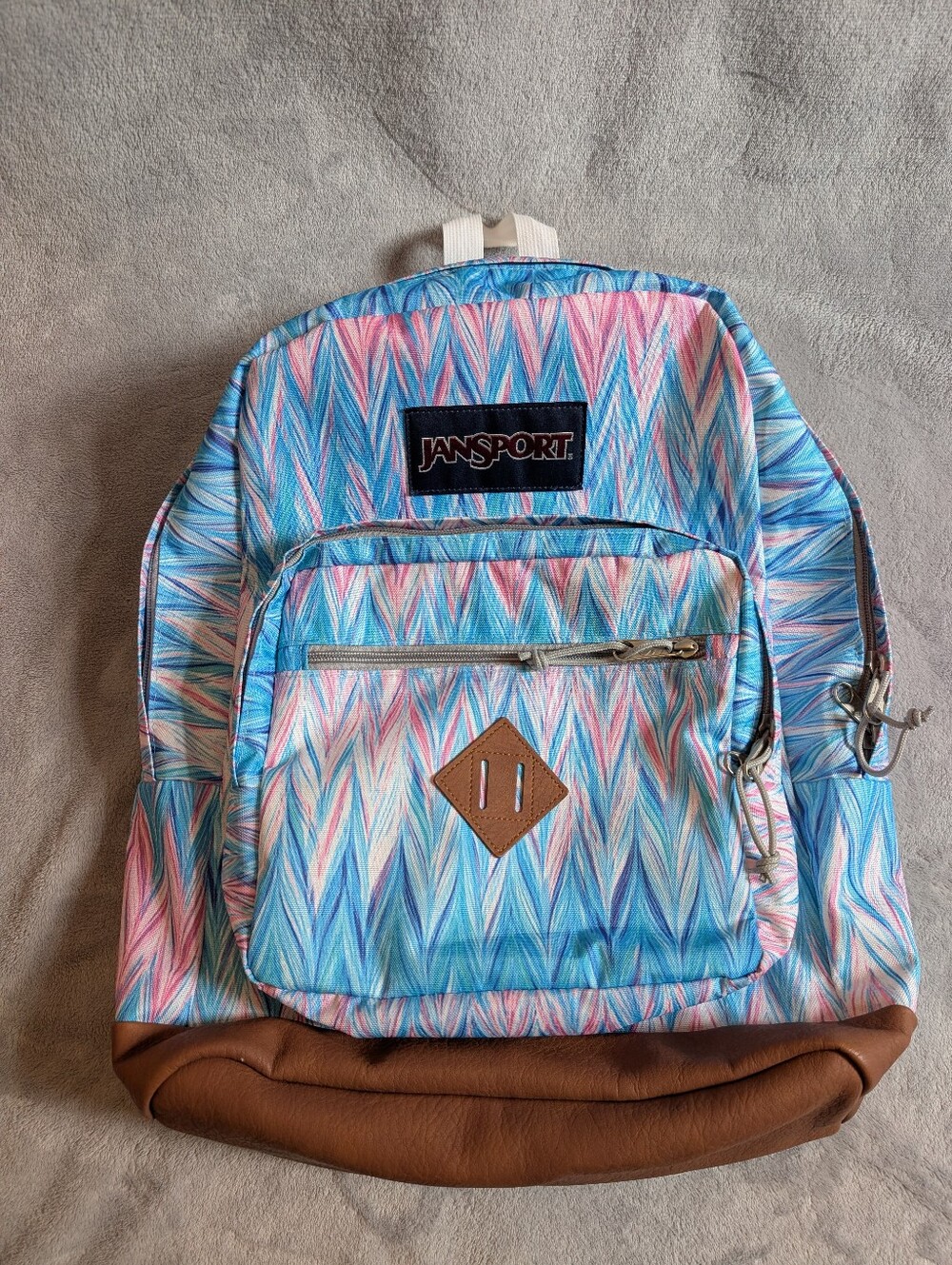 Jansport Blue & Pink Patterned Backpack with Brown Base
